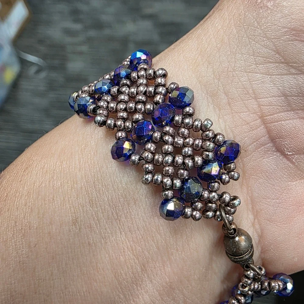 Handmade Beaded Cuff Bracelet Blue Iridescent Crystal Bronze Seed Bead Magnetic